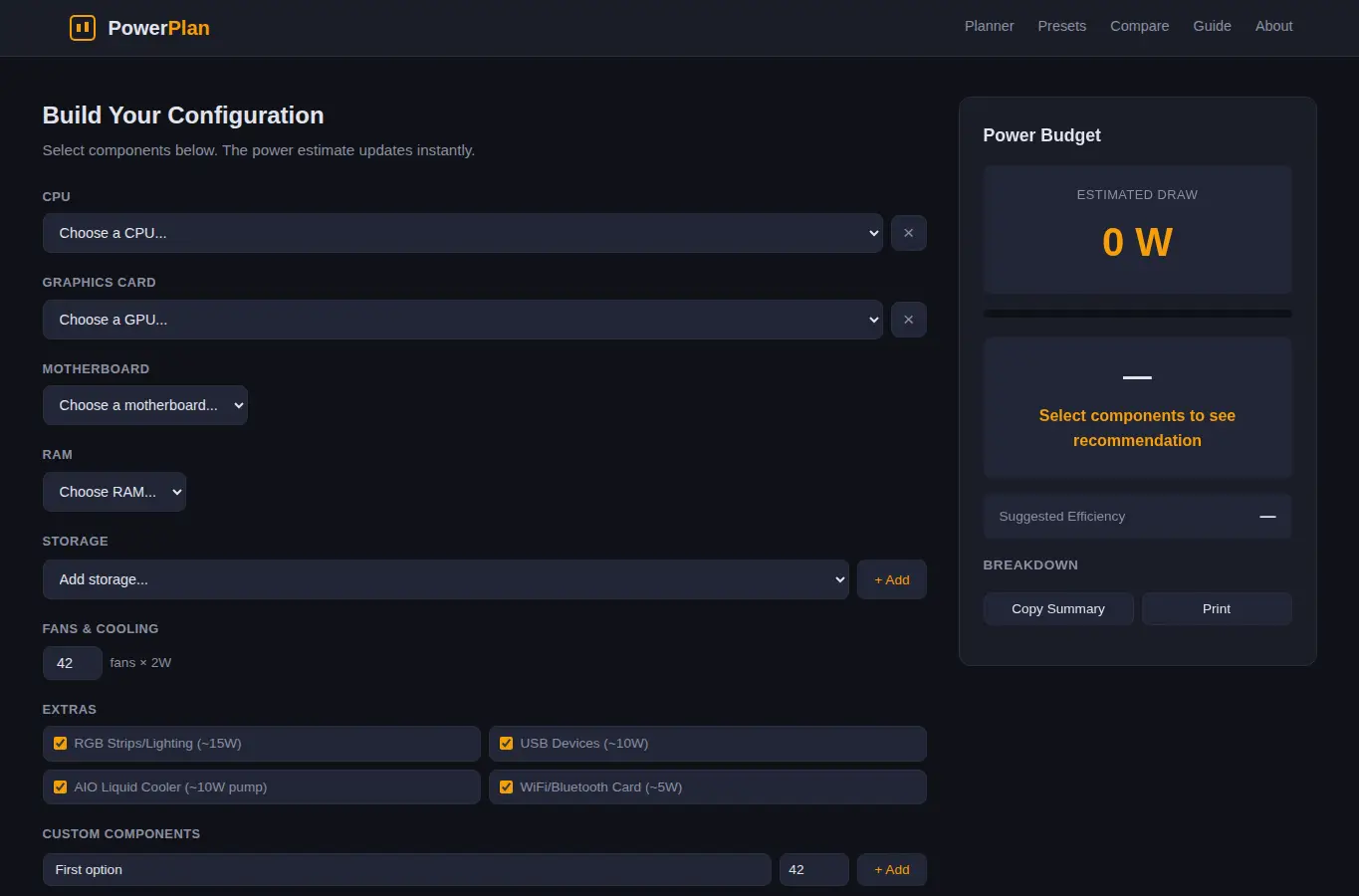 Screenshot of PC Build Power Budget Planner interface showing the project page in use